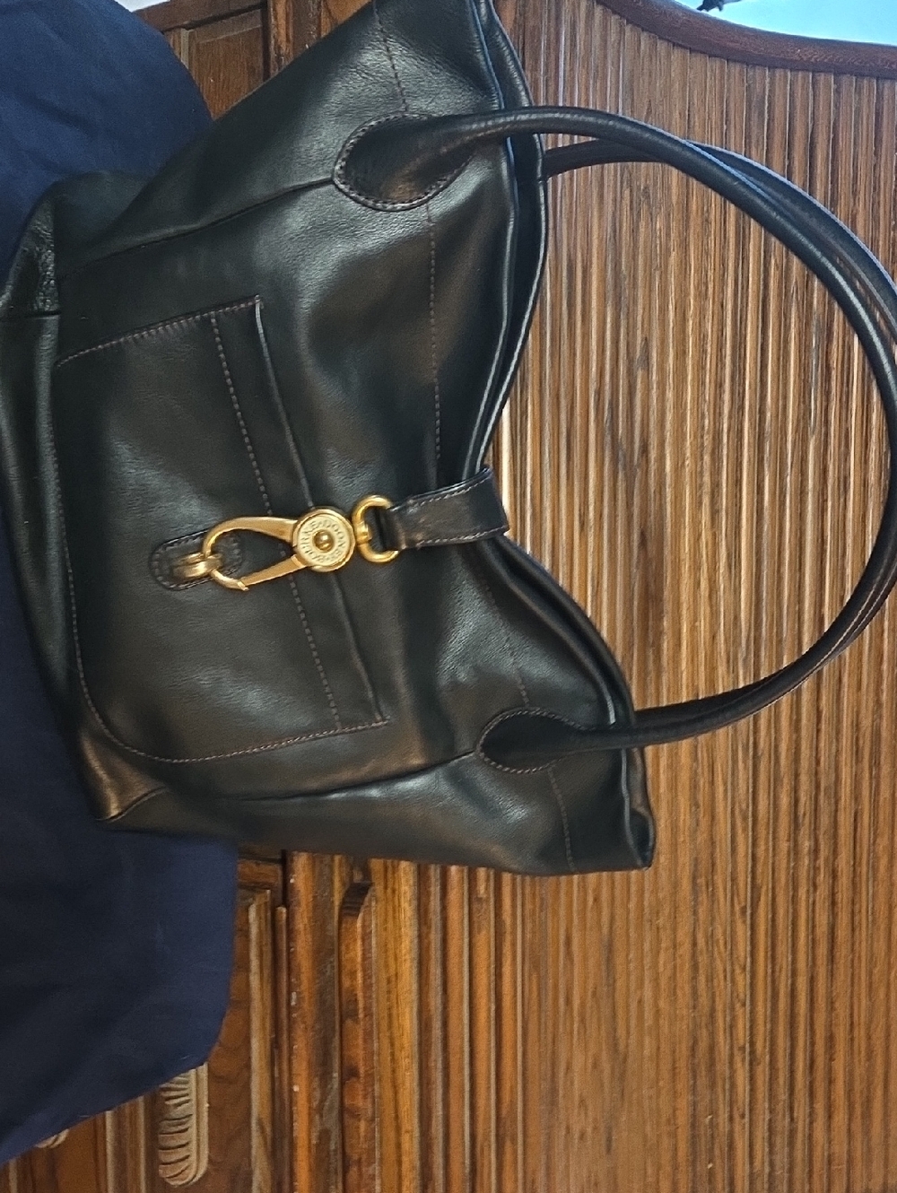 Classic Black Leather Tote Bag with Gold Accent